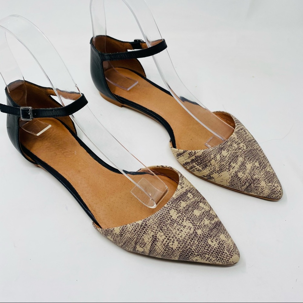 Madewell Beatrice Ankle Strap Skimmer Flat Size 8 Beige Black Point Toe Shoes